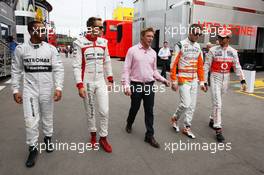 (L to R): Lewis Hamilton (GBR) Mercedes AMG F1 with Max Chilton (GBR) Marussia F1 Team; Simon Lazenby (GBR) Sky Sports F1 TV Presenter; Paul di Resta (GBR) Sahara Force India F1; and Jenson Button (GBR) McLaren. 09.05.2013. Formula 1 World Championship, Rd 5, Spanish Grand Prix, Barcelona, Spain, Preparation Day