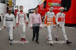 (L to R): Lewis Hamilton (GBR) Mercedes AMG F1 with Max Chilton (GBR) Marussia F1 Team; Simon Lazenby (GBR) Sky Sports F1 TV Presenter; Paul di Resta (GBR) Sahara Force India F1; and Jenson Button (GBR) McLaren. 09.05.2013. Formula 1 World Championship, Rd 5, Spanish Grand Prix, Barcelona, Spain, Preparation Day