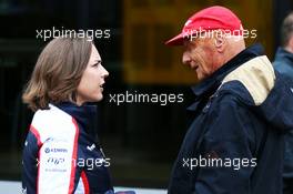 (L to R): Claire Williams (GBR) Williams Deputy Team Principal with Niki Lauda (AUT) Mercedes Non-Executive Chairman. 28.06.2013. Formula 1 World Championship, Rd 8, British Grand Prix, Silverstone, England, Practice Day.
