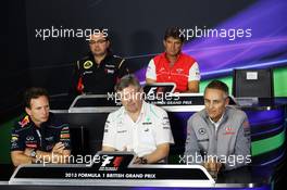The FIA Press Conference (From back row (L to R)): Eric Boullier (FRA) Lotus F1 Team Principal; Graeme Lowdon (GBR) Marussia F1 Team Chief Executive Officer; Paul Hembery (GBR) Pirelli Motorsport Director - absent; Christian Horner (GBR) Red Bull Racing Team Principal; Ross Brawn (GBR) Mercedes AMG F1 Team Principal; Martin Whitmarsh (GBR) McLaren Chief Executive Officer. 28.06.2013. Formula 1 World Championship, Rd 8, British Grand Prix, Silverstone, England, Practice Day.