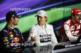 The FIA Press Conference (L to R): Mark Webber (AUS) Red Bull Racing, second; Nico Rosberg (GER) Mercedes AMG F1, race winner; Fernando Alonso (ESP) Ferrari, third. 30.06.2013. Formula 1 World Championship, Rd 8, British Grand Prix, Silverstone, England, Race Day.