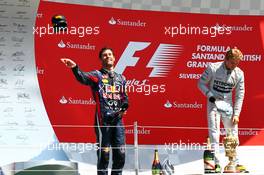 Mark Webber (AUS) Red Bull Racing celebrates on the podium. 30.06.2013. Formula 1 World Championship, Rd 8, British Grand Prix, Silverstone, England, Race Day.
