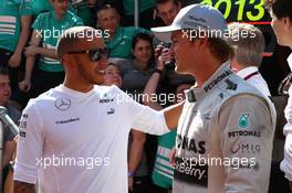 Lewis Hamilton (GBR) Mercedes AMG F1 W04 and Nico Rosberg (GER) Mercedes AMG F1 W04. 30.06.2013. Formula 1 World Championship, Rd 8, British Grand Prix, Silverstone, England, Race Day.