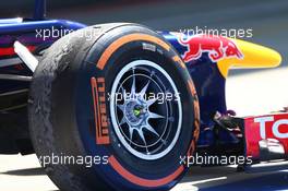 A left wheel on the Right and side of the front end of the Red Bull. 30.06.2013. Formula 1 World Championship, Rd 8, British Grand Prix, Silverstone, England, Race Day.