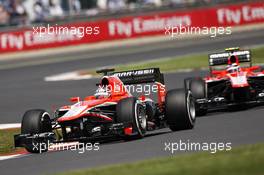 Jules Bianchi (FRA) Marussia F1 Team MR02 leads team mate Max Chilton (GBR) Marussia F1 Team MR02. 30.06.2013. Formula 1 World Championship, Rd 8, British Grand Prix, Silverstone, England, Race Day.