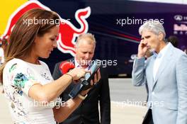(L to R): Natalie Pinkham (GBR) Sky Sports Presenter with Johnny Herbert (GBR) and Damon Hill (GBR) Sky Sports Presenter. 29.06.2013. Formula 1 World Championship, Rd 8, British Grand Prix, Silverstone, England, Qualifying Day.