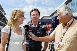 (L to R): Geri Halliwell (GBR) Singer with Christian Horner (GBR) Red Bull Racing Team Principal and Bob Constanduros (GBR) Journalist and Circuit Commentator. 30.06.2013. Formula 1 World Championship, Rd 8, British Grand Prix, Silverstone, England, Race Day.