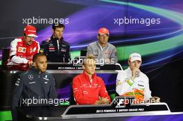 The FIA Press Conference (From back row (L to R)): Fernando Alonso (ESP) Ferrari; Mark Webber (AUS) Red Bull Racing; Jenson Button (GBR) McLaren; Lewis Hamilton (GBR) Mercedes AMG F1; Max Chilton (GBR) Marussia F1 Team; Paul di Resta (GBR) Sahara Force India F1.  27.06.2013. Formula 1 World Championship, Rd 8, British Grand Prix, Silverstone, England, Preparation Day.
