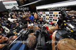 Kimi Raikkonen (FIN) Lotus F1 Team with the media. 27.06.2013. Formula 1 World Championship, Rd 8, British Grand Prix, Silverstone, England, Preparation Day.