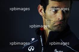 Mark Webber (AUS) Red Bull Racing in the FIA Press Conference. 27.06.2013. Formula 1 World Championship, Rd 8, British Grand Prix, Silverstone, England, Preparation Day.