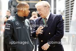 Lewis Hamilton (GBR) Mercedes AMG F1 with Sir David Frost (GBR). 27.06.2013. Formula 1 World Championship, Rd 8, British Grand Prix, Silverstone, England, Preparation Day.
