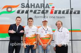 (L to R): Jordy Cobelens (NLD) CEO TW Steel with Paul di Resta (GBR) Sahara Force India F1; Adrian Sutil (GER) Sahara Force India F1 and Robert Fernley (GBR) Sahara Force India F1 Team Deputy Team Principal. 27.06.2013. Formula 1 World Championship, Rd 8, British Grand Prix, Silverstone, England, Preparation Day.