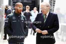 Lewis Hamilton (GBR) Mercedes AMG F1 with Sir David Frost (GBR). 27.06.2013. Formula 1 World Championship, Rd 8, British Grand Prix, Silverstone, England, Preparation Day.