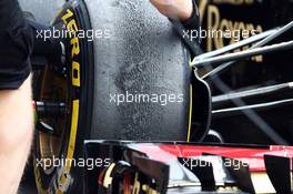 Worn Pirelli tyre on a Lotus F1 E21. 05.07.2013. Formula 1 World Championship, Rd 9, German Grand Prix, Nurburgring, Germany, Practice Day.