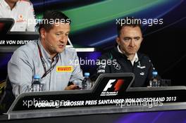 (L to R): Paul Hembery (GBR) Pirelli Motorsport Director and Paddy Lowe (GBR) Mercedes AMG F1 Executive Director (Technical) in the FIA Press Conference. 05.07.2013. Formula 1 World Championship, Rd 9, German Grand Prix, Nurburgring, Germany, Practice Day.