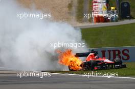 Jules Bianchi (FRA) Marussia F1 Team MR02 catches fire after stopping. 07.07.2013. Formula 1 World Championship, Rd 9, German Grand Prix, Nurburgring, Germany, Race Day.
