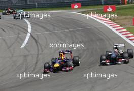 Sebastian Vettel (GER), Red Bull Racing and Nico Hulkenberg (GER), Sauber F1 Team Formula One team  07.07.2013. Formula 1 World Championship, Rd 9, German Grand Prix, Nurburgring, Germany, Race Day.