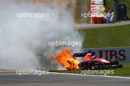Jules Bianchi (FRA) Marussia F1 Team MR02 catches fire after stopping. 07.07.2013. Formula 1 World Championship, Rd 9, German Grand Prix, Nurburgring, Germany, Race Day.