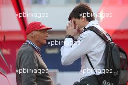 (L to R): Niki Lauda (AUT) Mercedes Non-Executive Chairman with Toto Wolff (GER) Mercedes AMG F1 Shareholder and Executive Director. 06.07.2013. Formula 1 World Championship, Rd 9, German Grand Prix, Nurburgring, Germany, Qualifying Day.