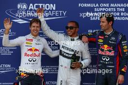 Pole for Lewis Hamilton (GBR) Mercedes AMG F1, 2nd for Sebastian Vettel (GER) Red Bull Racing and 3rd for Mark Webber (AUS) Red Bull Racing RB9. 06.07.2013. Formula 1 World Championship, Rd 9, German Grand Prix, Nurburgring, Germany, Qualifying Day.