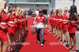 Fernando Alonso (ESP) Ferrari on the drivers parade. 07.07.2013. Formula 1 World Championship, Rd 9, German Grand Prix, Nurburgring, Germany, Race Day.