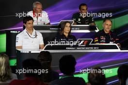 The FIA Press Conference (From back row (L to R)): John Booth (GBR) Marussia F1 Team Team Principal; Cyril Abiteboul (FRA) Caterham F1 Team Principal; Toto Wolff (GER) Mercedes AMG F1 Shareholder and Executive Director; Claire Williams (GBR) Williams Deputy Team Principal; Franz Tost (AUT) Scuderia Toro Rosso Team Principal.  26.07.2013. Formula 1 World Championship, Rd 10, Hungarian Grand Prix, Budapest, Hungary, Practice Day