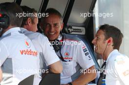 (L to R): Sam Michael (AUS) McLaren Sporting Director with Martin Whitmarsh (GBR) McLaren Chief Executive Officer and Jenson Button (GBR) McLaren. 26.07.2013. Formula 1 World Championship, Rd 10, Hungarian Grand Prix, Budapest, Hungary, Practice Day