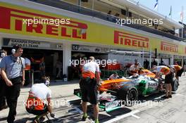 Adrian Sutil (GER) Sahara Force India VJM06 in the pits. 26.07.2013. Formula 1 World Championship, Rd 10, Hungarian Grand Prix, Budapest, Hungary, Practice Day