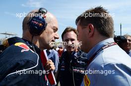 (L to R): Adrian Newey (GBR) Red Bull Racing Chief Technical Officer with Christian Horner (GBR) Red Bull Racing Team Principal and Paul Hembery (GBR) Pirelli Motorsport Director on the grid. 28.07.2013. Formula 1 World Championship, Rd 10, Hungarian Grand Prix, Budapest, Hungary, Race Day