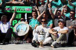 Race winner Lewis Hamilton (GBR) Mercedes AMG F1 celebrates with team mate Nico Rosberg (GER) Mercedes AMG F1 and the team. 28.07.2013. Formula 1 World Championship, Rd 10, Hungarian Grand Prix, Budapest, Hungary, Race Day