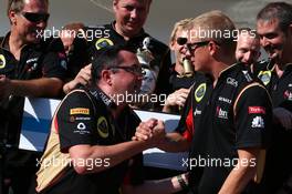 Eric Boullier (FRA) Lotus F1 Team Principal and Kimi Raikkonen (FIN) Lotus F1 Team celebrate with the team. 28.07.2013. Formula 1 World Championship, Rd 10, Hungarian Grand Prix, Budapest, Hungary, Race Day
