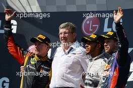 The podium (L to R): Kimi Raikkonen (FIN) Lotus F1 Team, second; Ross Brawn (GBR) Mercedes AMG F1 Team Principal; Lewis Hamilton (GBR) Mercedes AMG F1, race winner; Sebastian Vettel (GER) Red Bull Racing, third. 28.07.2013. Formula 1 World Championship, Rd 10, Hungarian Grand Prix, Budapest, Hungary, Race Day