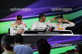 The FIA Press Conference (L to R): Kimi Raikkonen (FIN) Lotus F1 Team, second; Lewis Hamilton (GBR) Mercedes AMG F1, race winner; Sebastian Vettel (GER) Red Bull Racing, third. 28.07.2013. Formula 1 World Championship, Rd 10, Hungarian Grand Prix, Budapest, Hungary, Race Day