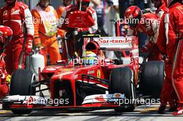 Felipe Massa (BRA) Ferrari F138 makes a pit stop. 28.07.2013. Formula 1 World Championship, Rd 10, Hungarian Grand Prix, Budapest, Hungary, Race Day