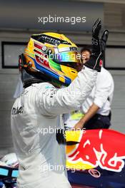 Lewis Hamilton (GBR) Mercedes AMG F1 celebrates his pole position in parc ferme. 27.07.2013. Formula 1 World Championship, Rd 10, Hungarian Grand Prix, Budapest, Hungary, Qualifying Day