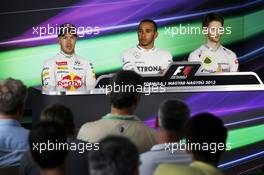 The FIA Press Conference (L to R): Sebastian Vettel (GER) Red Bull Racing, second; Lewis Hamilton (GBR) Mercedes AMG F1, pole position; Romain Grosjean (FRA) Lotus F1 Team, third.. 27.07.2013. Formula 1 World Championship, Rd 10, Hungarian Grand Prix, Budapest, Hungary, Qualifying Day