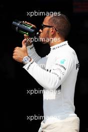 Lewis Hamilton (GBR) Mercedes AMG F1 celebrates his pole position in parc ferme. 27.07.2013. Formula 1 World Championship, Rd 10, Hungarian Grand Prix, Budapest, Hungary, Qualifying Day