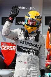 Lewis Hamilton (GBR) Mercedes AMG F1 celebrates his pole position in parc ferme. 27.07.2013. Formula 1 World Championship, Rd 10, Hungarian Grand Prix, Budapest, Hungary, Qualifying Day