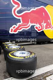 Pirelli tyres for the Red Bull Racing team. 28.07.2013. Formula 1 World Championship, Rd 10, Hungarian Grand Prix, Budapest, Hungary, Race Day