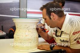 A ceramic wheel rim, signed by the team, to celebrate 100 GP starts for Adrian Sutil (GER) Sahara Force India F1. 28.07.2013. Formula 1 World Championship, Rd 10, Hungarian Grand Prix, Budapest, Hungary, Race Day