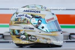 The helmet of Adrian Sutil (GER) Sahara Force India F1, celebrating 100GP starts. 28.07.2013. Formula 1 World Championship, Rd 10, Hungarian Grand Prix, Budapest, Hungary, Race Day