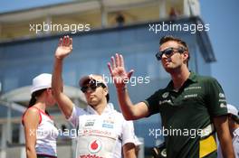 (L to R): Sergio Perez (MEX) McLaren and Giedo van der Garde (NLD) Caterham F1 Team on the drivers parade. 28.07.2013. Formula 1 World Championship, Rd 10, Hungarian Grand Prix, Budapest, Hungary, Race Day