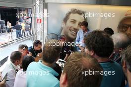 Daniel Ricciardo (AUS) Scuderia Toro Rosso with the media. 25.07.2013. Formula 1 World Championship, Rd 10, Hungarian Grand Prix, Budapest, Hungary, Preparation Day