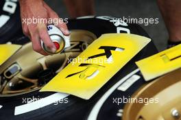 Pirelli tyres marked for Kimi Raikkonen (FIN) Lotus F1 Team. 25.07.2013. Formula 1 World Championship, Rd 10, Hungarian Grand Prix, Budapest, Hungary, Preparation Day