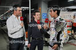 (L to R): Ted Kravitz (GBR) Sky Sports Pitlane Reporter with Anthony Davidson (GBR) Sky Sports F1 Commentator and Jehan Daruvala (IND) Sahara Force India Academy Driver, winner of the British KF3 Karting Championship  25.10.2013. Formula 1 World Championship, Rd 16, Indian Grand Prix, New Delhi, India, Practice Day.
