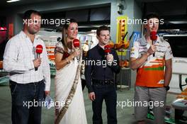 (L to R): Ted Kravitz (GBR) Sky Sports Pitlane Reporter with Natalie Pinkham (GBR) Sky Sports Presenter; Anthony Davidson (GBR) Sky Sports F1 Commentator; and James Calado (GBR) Sahara Force India Third Driver. 25.10.2013. Formula 1 World Championship, Rd 16, Indian Grand Prix, New Delhi, India, Practice Day.