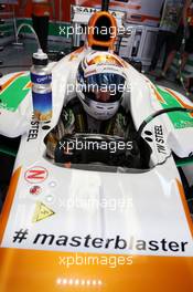 Adrian Sutil (GER) Sahara Force India VJM06 carrying the hashtag # masterblaster as a tribute to the legendary crickerter Sachin Tendulkar, who has recently announced his retirement from all forms of cricket. 25.10.2013. Formula 1 World Championship, Rd 16, Indian Grand Prix, New Delhi, India, Practice Day.