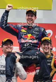 Nico Rosberg (GER), Mercedes GP, Sebastian Vettel (GER), Red Bull Racing and Romain Grosjean (FRA), Lotus F1 Team  27.10.2013. Formula 1 World Championship, Rd 16, Indian Grand Prix, New Delhi, India, Race Day.