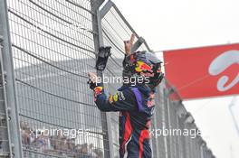Race winner and World Champion Sebastian Vettel (GER) Red Bull Racing celebrates at the end of the race. 27.10.2013. Formula 1 World Championship, Rd 16, Indian Grand Prix, New Delhi, India, Race Day.