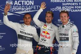 pole for Sebastian Vettel (GER) Red Bull Racing, 2nd for Nico Rosberg (GER) Mercedes and 3rd for Lewis Hamilton (GBR) Mercedes AMG F1. 26.10.2013. Formula 1 World Championship, Rd 16, Indian Grand Prix, New Delhi, India, Qualifying Day.